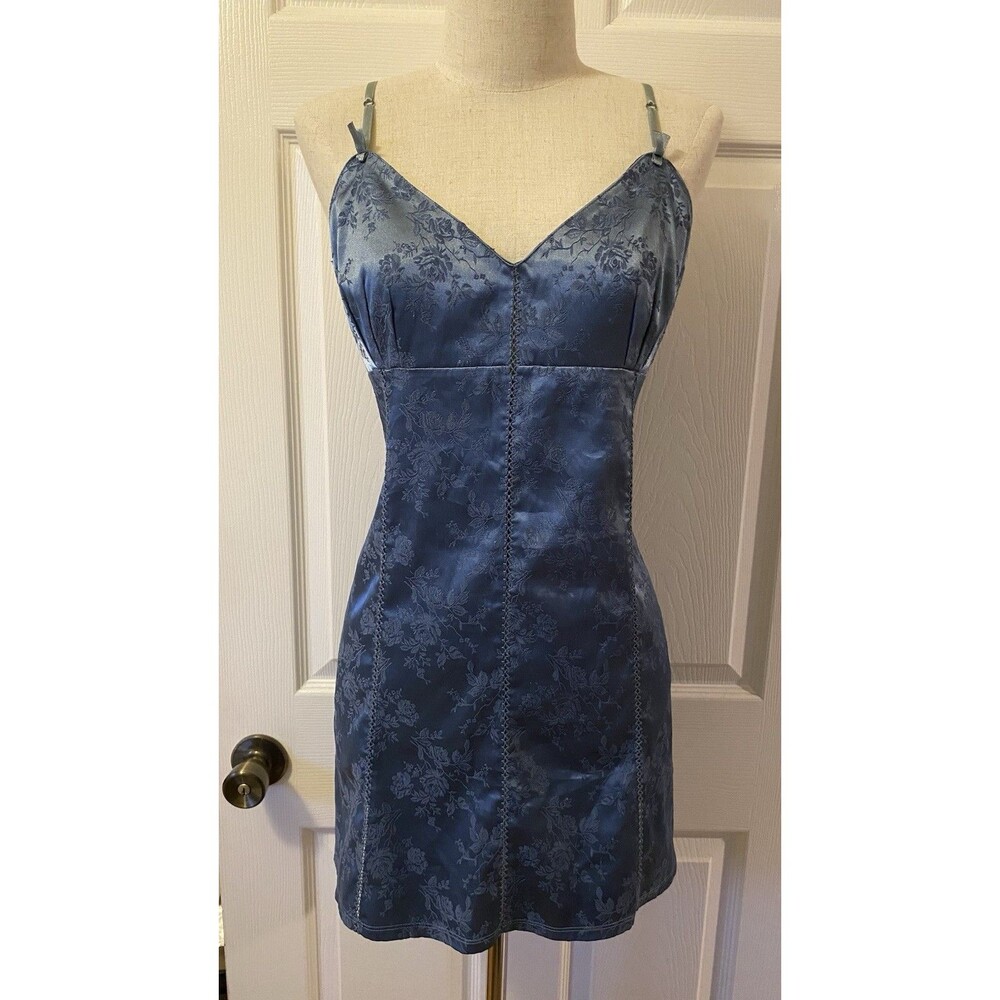 Victoria's Secret Corset Blue Floral Lace-Up Satin Slip Dress Y2K Medium